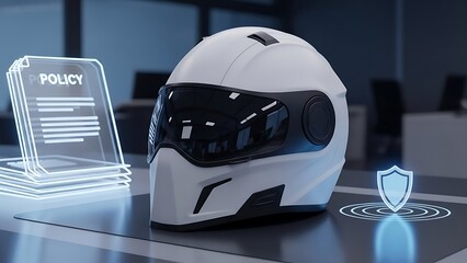 Futuristic Motorcycle Helmet Insurance Policy Concept with Holographic Elements.