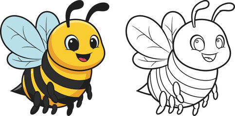 Cute Cartoon Flying Bee Character Vector with Detailed Coloring and Black Outline Version