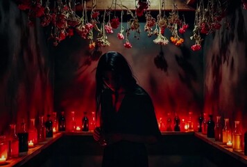 A woman in silhouette stands in a candlelit alcove, handling a small vial as red flowers sway and shadows move across walls, with saturated red orange light.