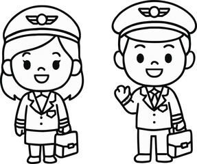Cartoon airline pilots male and female in uniform with briefcases, black and white vector illustration, aviation crew characters, travel profession, flight staff icons