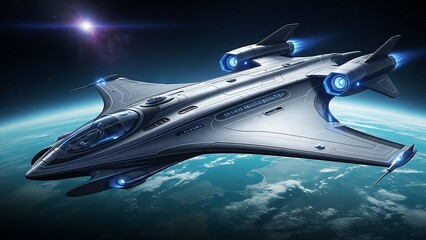 Futuristic Spaceship Flying Above Earth with Glowing Engines.