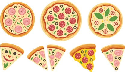 Cartoon pizza slices and whole pizzas, tasty toppings illustration set, pepperoni, basil, olives, tomato, cheese, menu design, food clipart collection