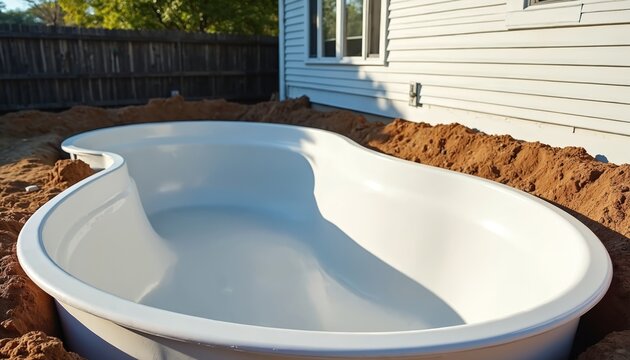 White fiberglass pool shell installed in excavated ground. A new inground swimming pool sits in backyard dirt near house wall and fence. This home improvement project creates a leisure spa.