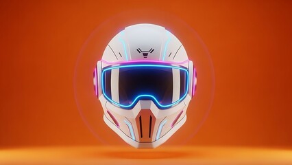 Futuristic White Helmet with Neon Accents on Orange Background.