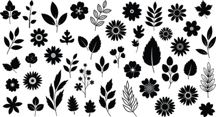 Black and White Outline Vector Drawing of a Woven Basket Overflowing with Flowers and Leaves