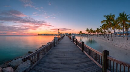 Obraz premium Sunrise panorama over a wooden footbridge to Smathers Beach, Key West, Florida