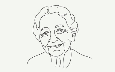 Minimalist line art illustration of a cheerful and kind elderly woman smiling