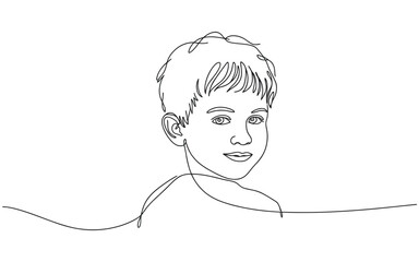 A single continuous line drawing of a smiling young boy looking directly at the viewer