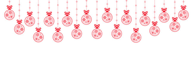 Minimal Christmas background with hanging red baubles and white snowflake icons on clean white space, festive horizontal border for holiday greeting cards, invitations, web banners, and winter designs