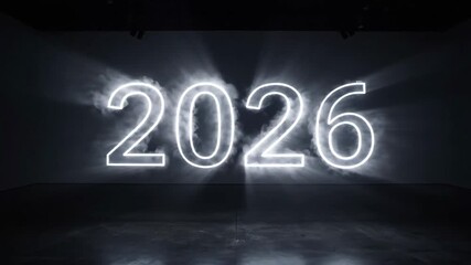Futuristic illuminated 2026 numbers glowing in a dark studio. - Powered by Adobe