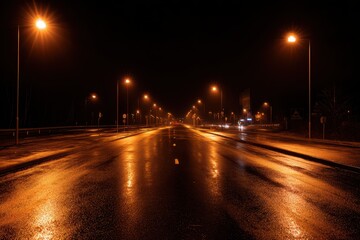 Fototapeta premium Symmetrical urban street at night with glowing streetlamps along damp asphalt