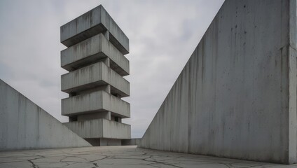 Brutalist Architecture Tower and Geometric Structures Under Overcast Sky.