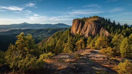 Table Rock Vista: Golden-hour landscape in Southern Oregon with forested slopes and basalt cliffs