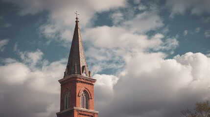 Tall church steeple rising toward a sky filled with fluffy clouds