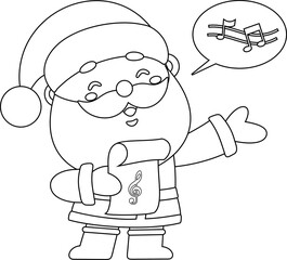 Happy Santa Claus Cartoon Character Singing Christmas Song With Music Notes – Black and White Vector Hand Drawn Illustration Isolated On Transparent Background