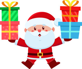 Happy Santa Claus Cartoon Character Holding Big Christmas Gifts in Both Hands - Vector Illustration Flat Design Isolated On Transparent Background