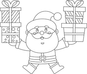 Cute Santa Claus Cartoon Character Holding Big Christmas Gifts in Both Hands – Black and White Vector Hand Drawn Illustration Isolated On Transparent Background