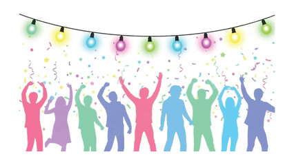 Joyful Celebration: A vibrant silhouette of diverse individuals joyfully celebrate a milestone under the soft glow of fairy lights and confetti, evoking a sense of unity and shared achievement.