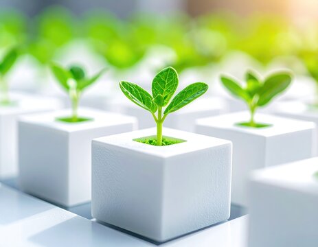 Seedlings grow in white cubes under bright, blurred light