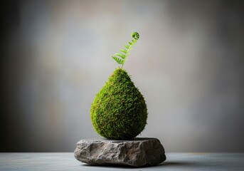 A lush green moss covered avocado shape rests on a stone