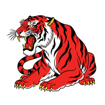 Roaring tiger illustration in traditional tattoo style. Vector art of an angry wild cat isolated on white background. Japanese design element