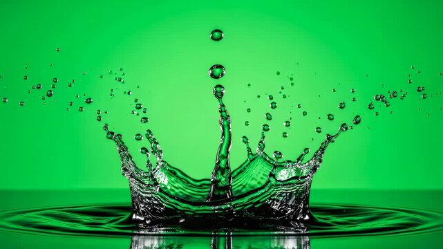 Water drop impacting liquid surface creating crown splash on a green background. Effect for chromakey, abstract nature, and science
