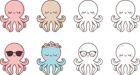 Cute Cartoon Octopus Character Vector Set with Sunglasses, Flowers, and Outline Versions