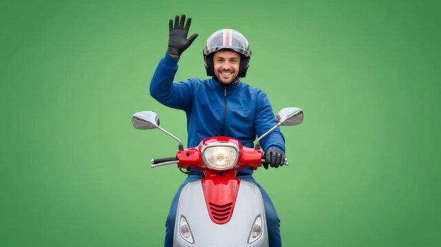 Happy man in helmet and blue jacket sitting on scooter and waving hand on green screen, chromakey background footage