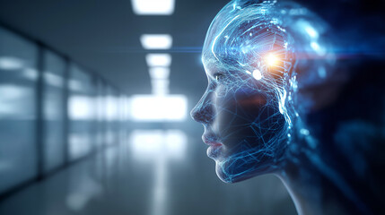 Futuristic AI female head visualization in glowing corridor symbolizes advanced technology and innovation ready for next project, offering modern sleek aesthetic, artificial intell