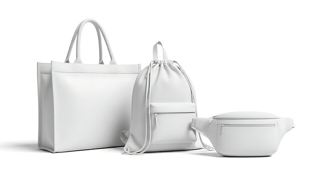White Tote Bag, Drawstring Backpack, and Fanny Pack Mockup on White Background.