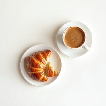 A fresh croissant broken in two pieces sits on a plate next to a cup of hot coffee. This simple yet elegant breakfast arrangement offers a delightful morning meal.