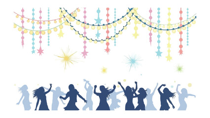 Silhouette Revelry: A dynamic illustration depicts the lively silhouettes of people immersed in a spirited celebration, adorned with festive decorations.