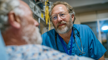 A male doctor in blue scrubs and a stethoscope attentively speaks with an elderly male patient in a hospital setting. The scene conveys a professional medical consultation and.