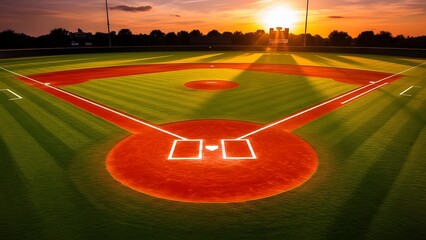 Baseball field at sunset with vibrant orange sky, highlighting perfectly manicured green grass, red dirt infield, and white bases, ready for an evening game or practice session