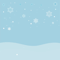 Falling snowflakes on light blue background with snowdrift at bottom white