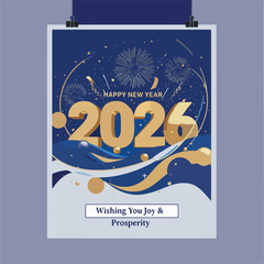 Happy new year 2026 celebration poster design with fireworks and abstract blue and gold elements