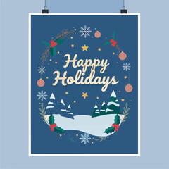 Happy holidays greeting card design with winter landscape, snowflakes, stars, and holly berries in a circular frame on a dark blue background