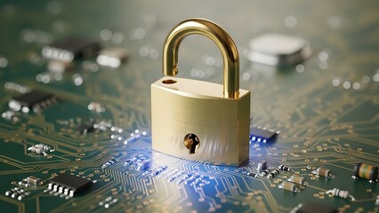 Golden Padlock Securing a Computer Circuit Board, Cybersecurity Concept.