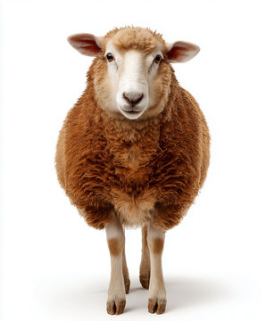 Brown sheep standing confidently isolated on white background.