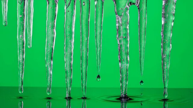 Clear icicle melting and dripping water on a green background. Winter season and weather concept for chromakey effect.