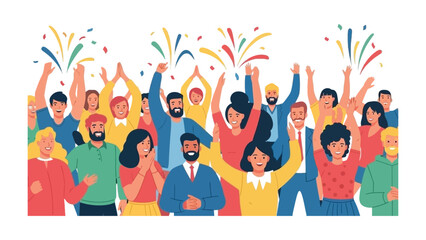 Celebrating Triumph: A vibrant and diverse crowd of people joyfully celebrates a moment of success, confetti raining down, embracing the spirit of achievement. 