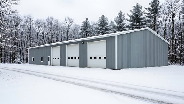 Gray Metal Building with Multiple Garage Doors in Winter Landscape.