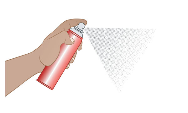 A hand holding and squeezing a red spray can. Transparent background.