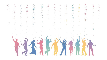 Colorful Silhouette Celebration: A vibrant silhouette of diverse individuals dances with unrestrained joy, immersed in a moment of festive celebration under the whimsical showers.