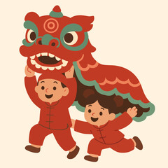 Illustration of Kids Performing Lion Dance