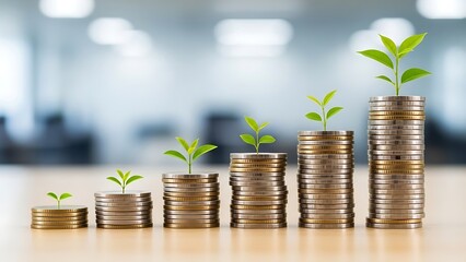 Growing Investments - Coins and Seedlings Symbolize Financial Growth.