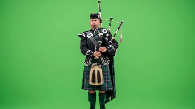 Caucasian man playing bagpipe music in traditional scottish kilt costume performing on green screen for chromakey