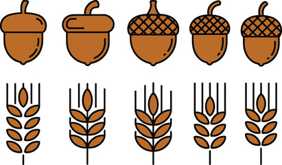 acorn icons, wheat icons, autumn harvest symbols, fall season graphics, outline icons, filled icons, nature elements, rustic food symbols © Vactor Creatives