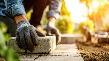 A worker lays paving stones on a garden path