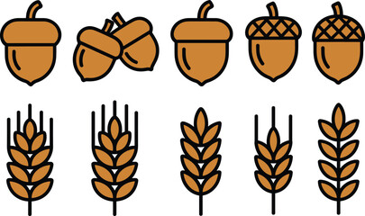 acorn icons, wheat icons, autumn harvest symbols, fall season graphics, outline icons, filled icons, nature elements, rustic food symbols © Vactor Creatives